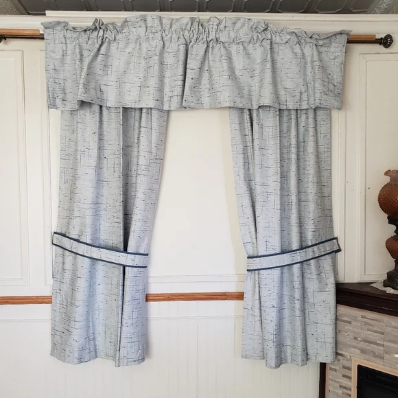 Sears Drapes 48W x 62L Tweed Print Pinch Pleat Curtains Blue VTG 50s 60s NEW